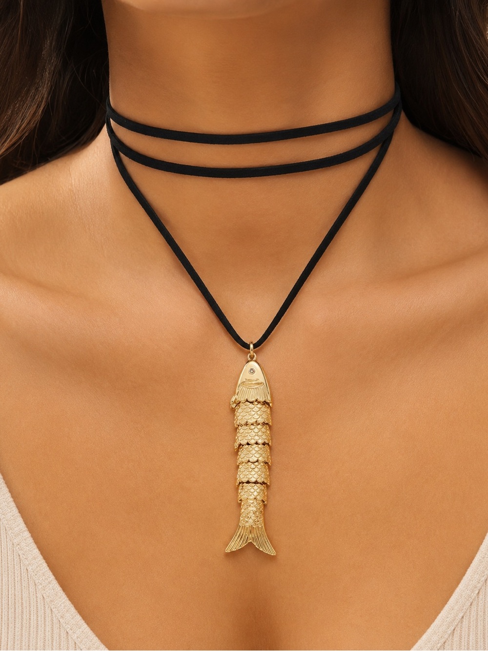 Gold Fish Pendant Choker Necklace - Black Cord 18K Real Gold Plated